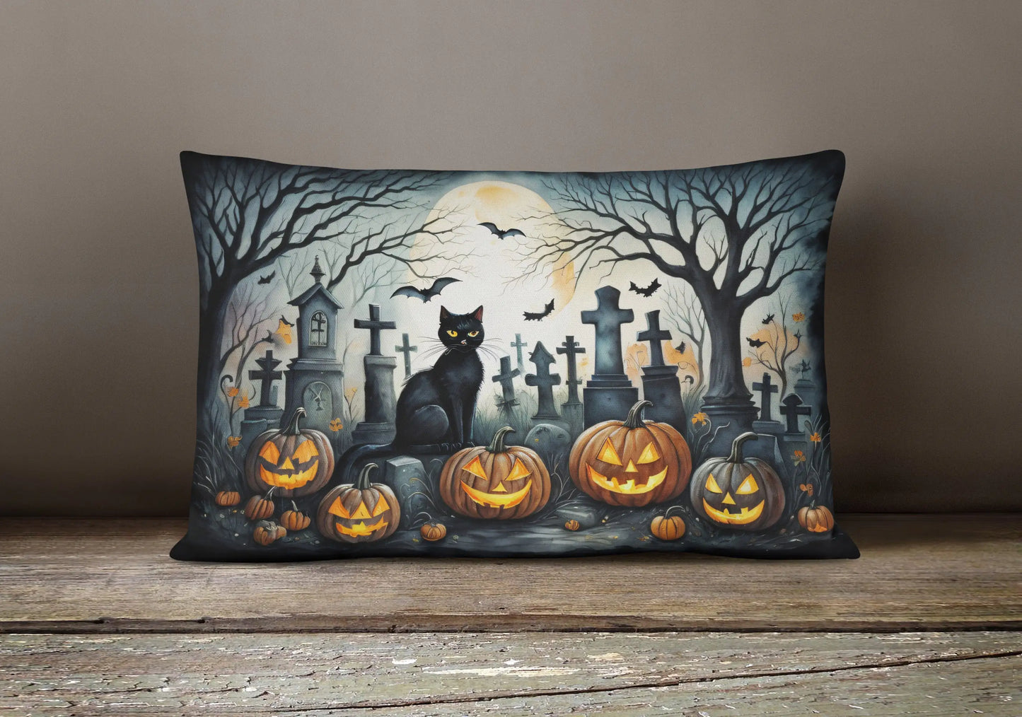 Black Cat Spooky Halloween 12x16 inch Throw Pillow
