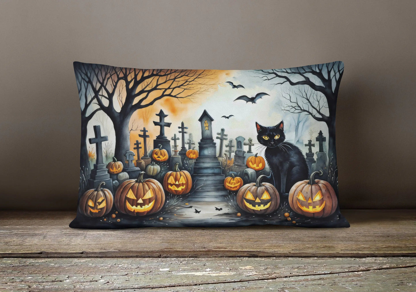 Black Cat Spooky Halloween 12x16 inch Throw Pillow