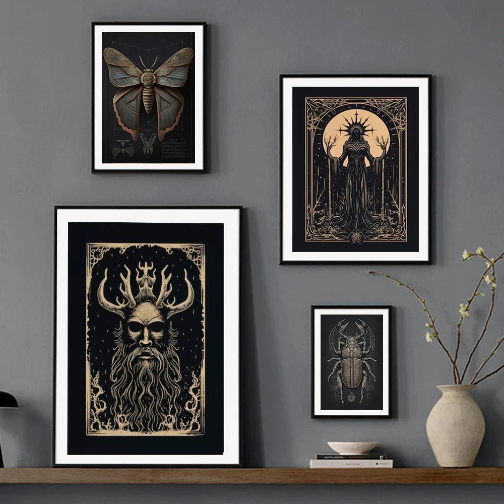 Dark Academia Art Black Raven Poster Prints For Living Room Home Decor Victorian Gothic Witch Black Cat Canvas Painting Wall Art