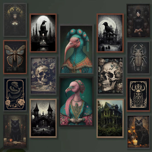 Dark Academia Art Black Raven Poster Prints For Living Room Home Decor Victorian Gothic Witch Black Cat Canvas Painting Wall Art