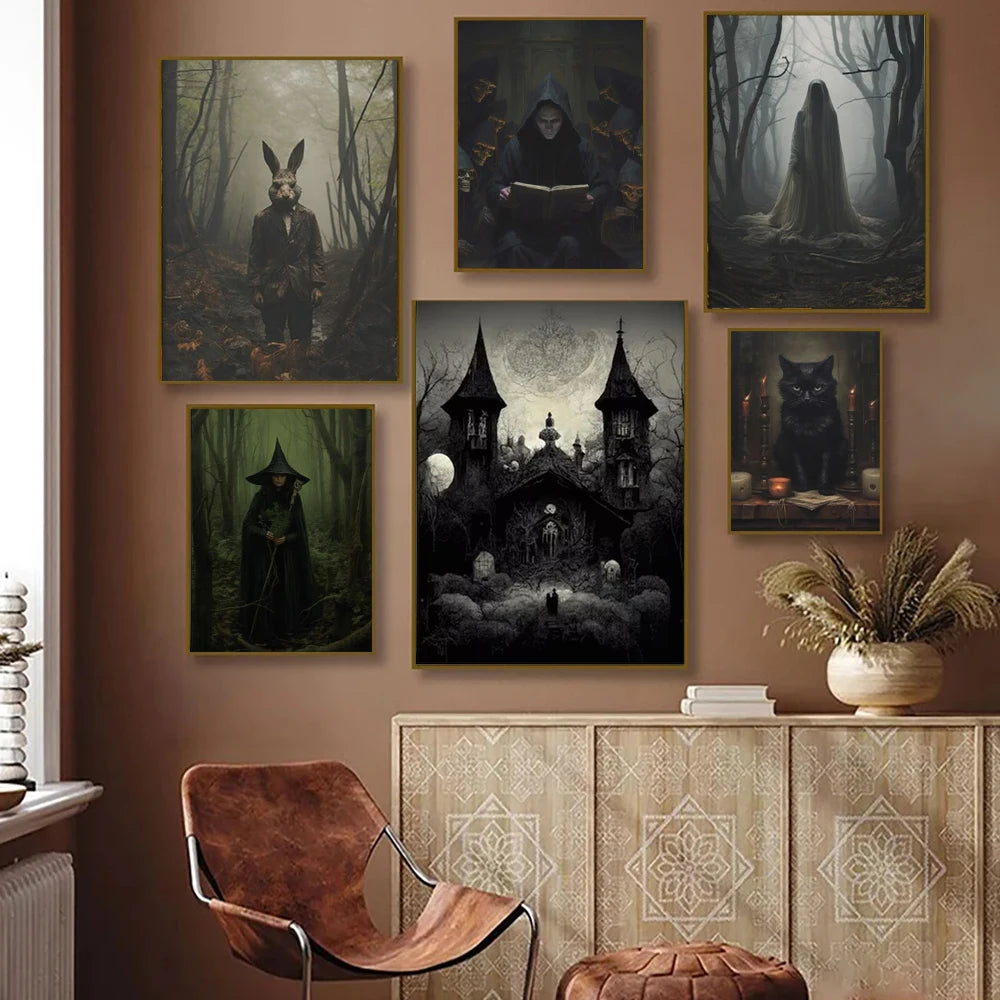 Dark Academia Art Black Raven Poster Prints For Living Room Home Decor Victorian Gothic Witch Black Cat Canvas Painting Wall Art