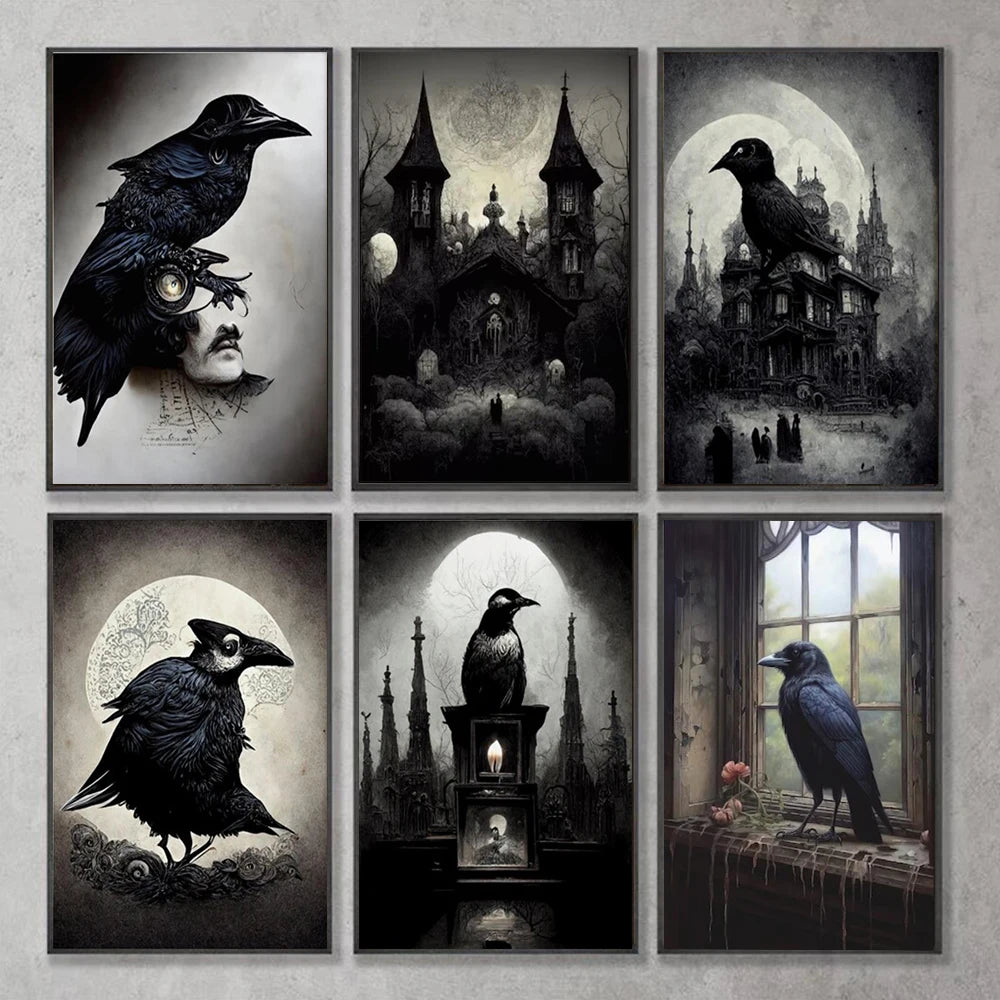 Dark Academia Art Black Raven Poster Prints For Living Room Home Decor Victorian Gothic Witch Black Cat Canvas Painting Wall Art