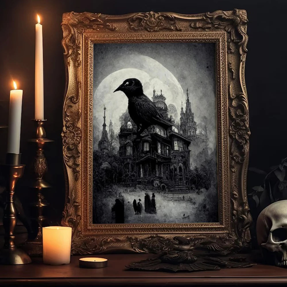 Dark Academia Art Black Raven Poster Prints For Living Room Home Decor Victorian Gothic Witch Black Cat Canvas Painting Wall Art