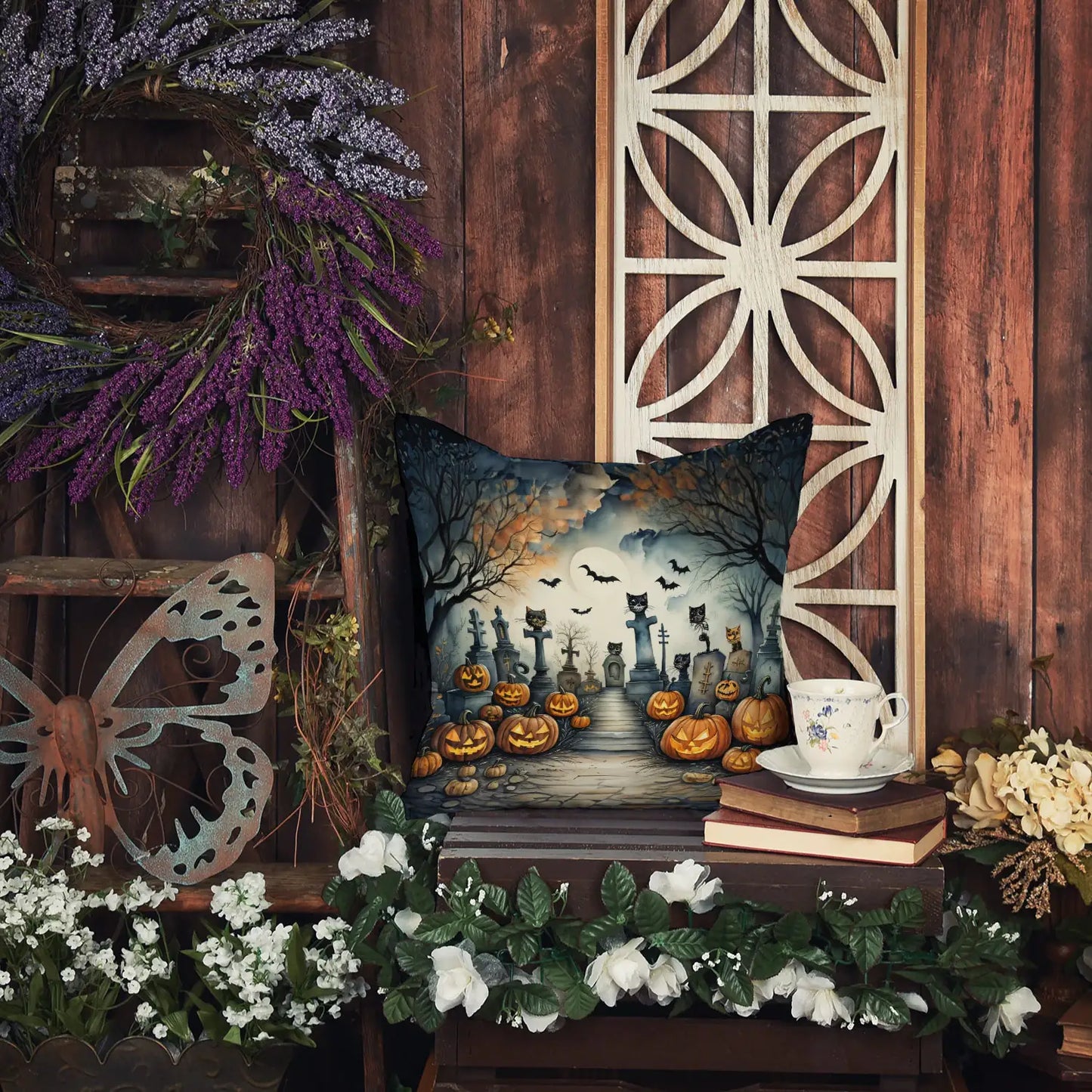 Cat Cemetery Spooky Halloween 18x18in Throw Pillow