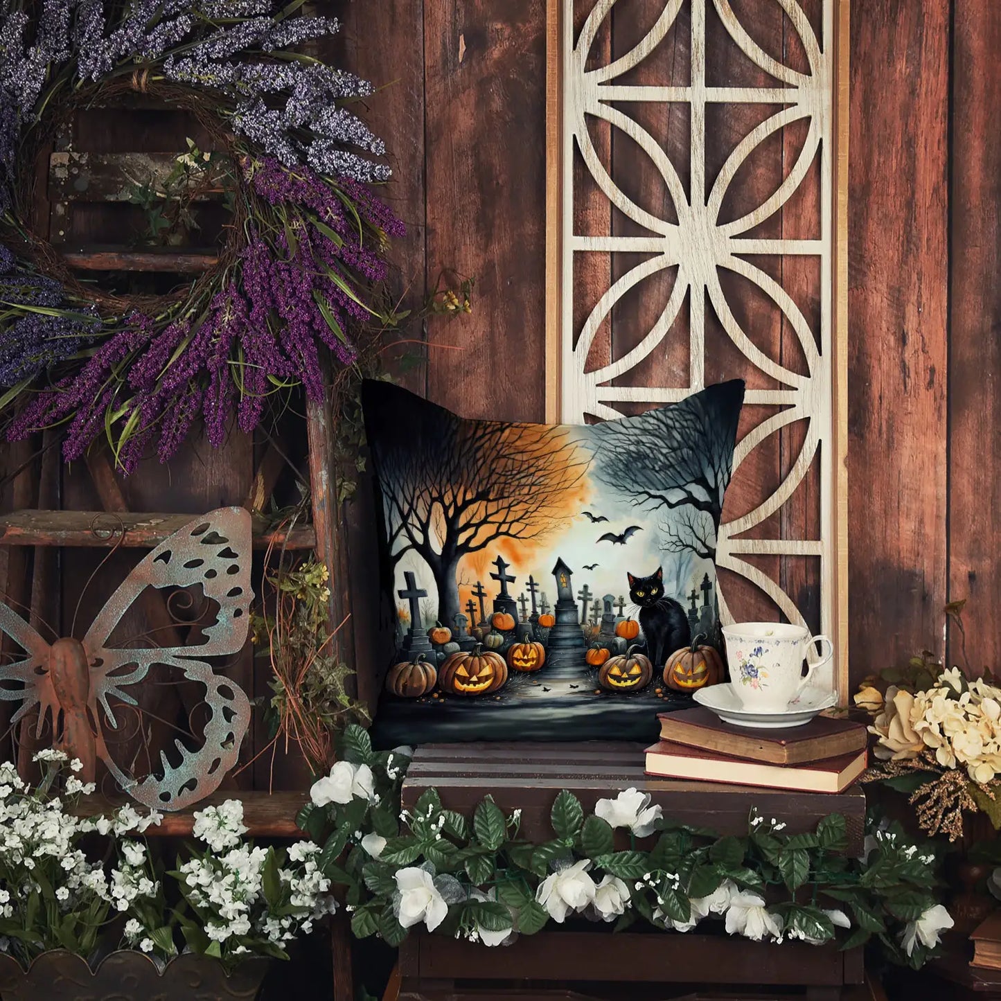 Black Cat Spooky Halloween Throw Pillow