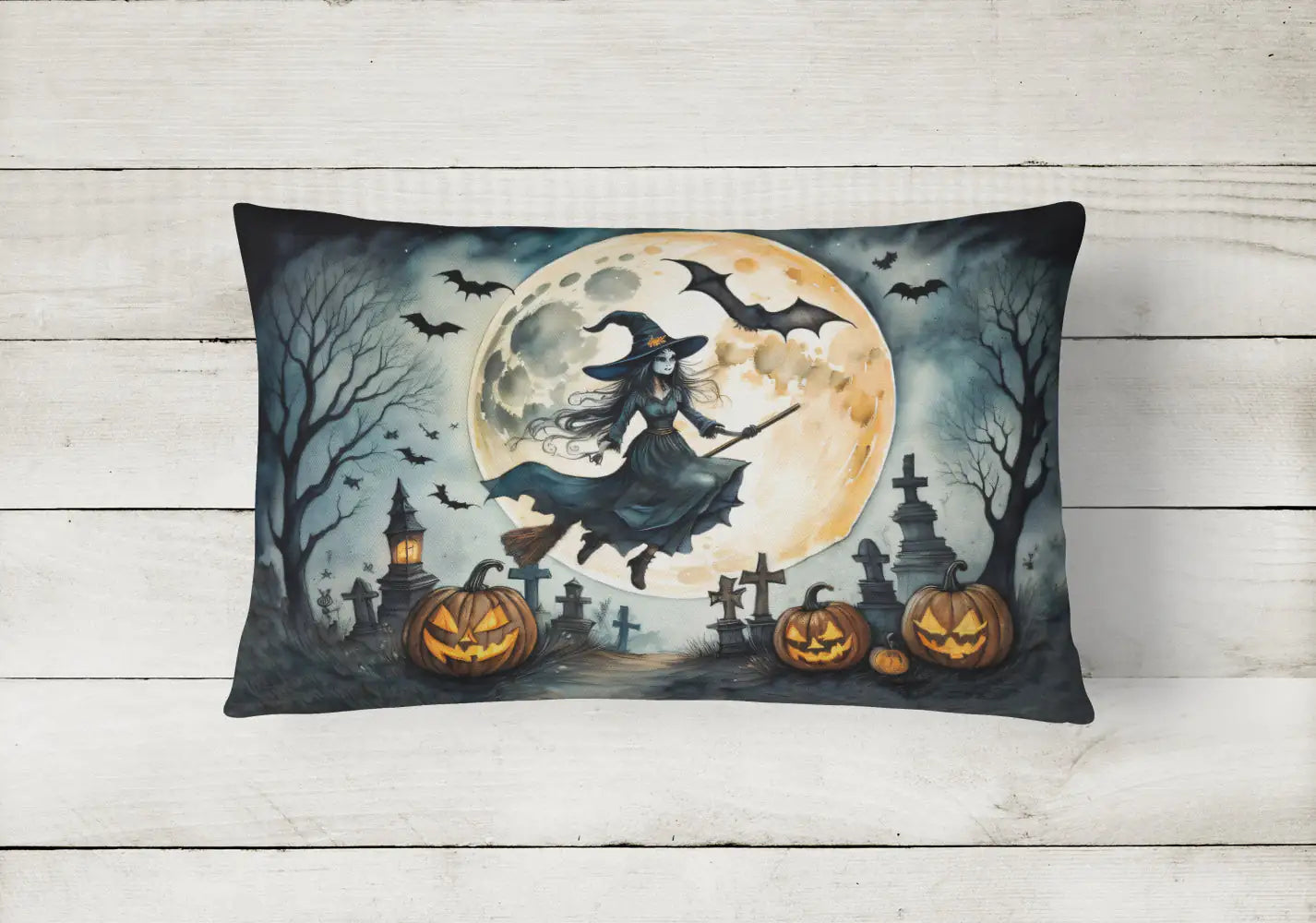 Flying Witch Spooky Halloween 12x16 inch Throw Pillow