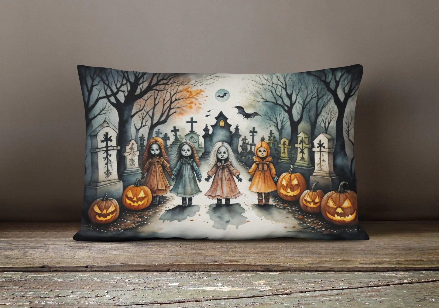 Creepy Dolls Spooky Halloween 12x16in Throw Pillow