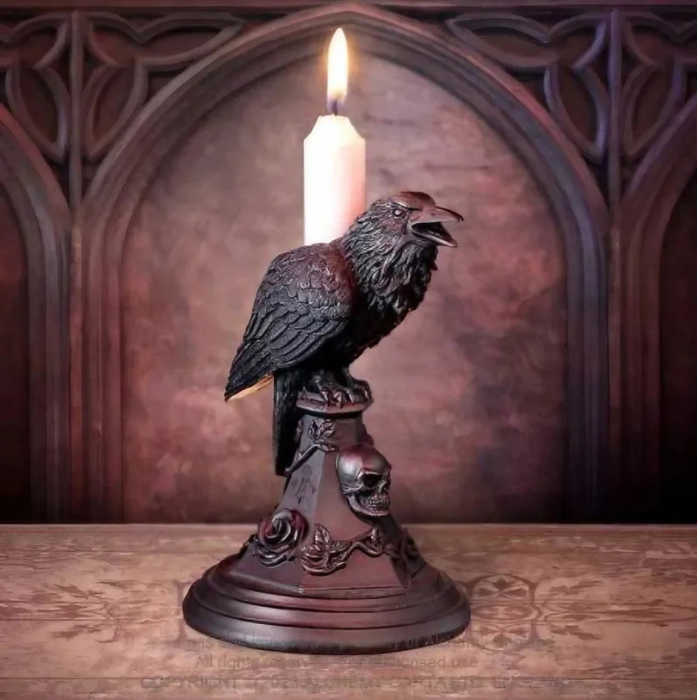 Halloween Gothic Crow Candlestick Ornaments Resin Room Decor Antique Owl Figurines Decoration Statue Home Decoration Accessories