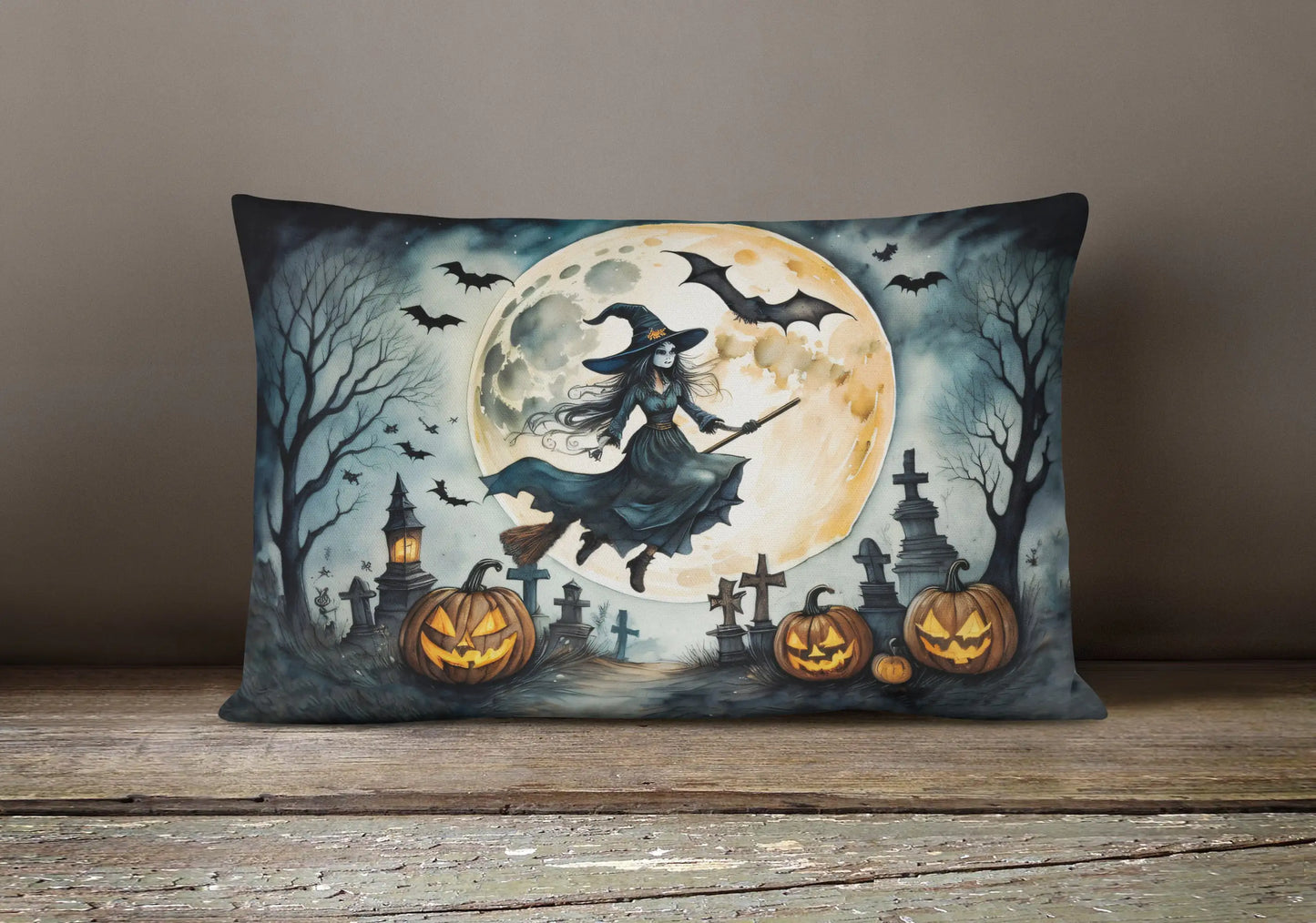 Flying Witch Spooky Halloween 12x16 inch Throw Pillow