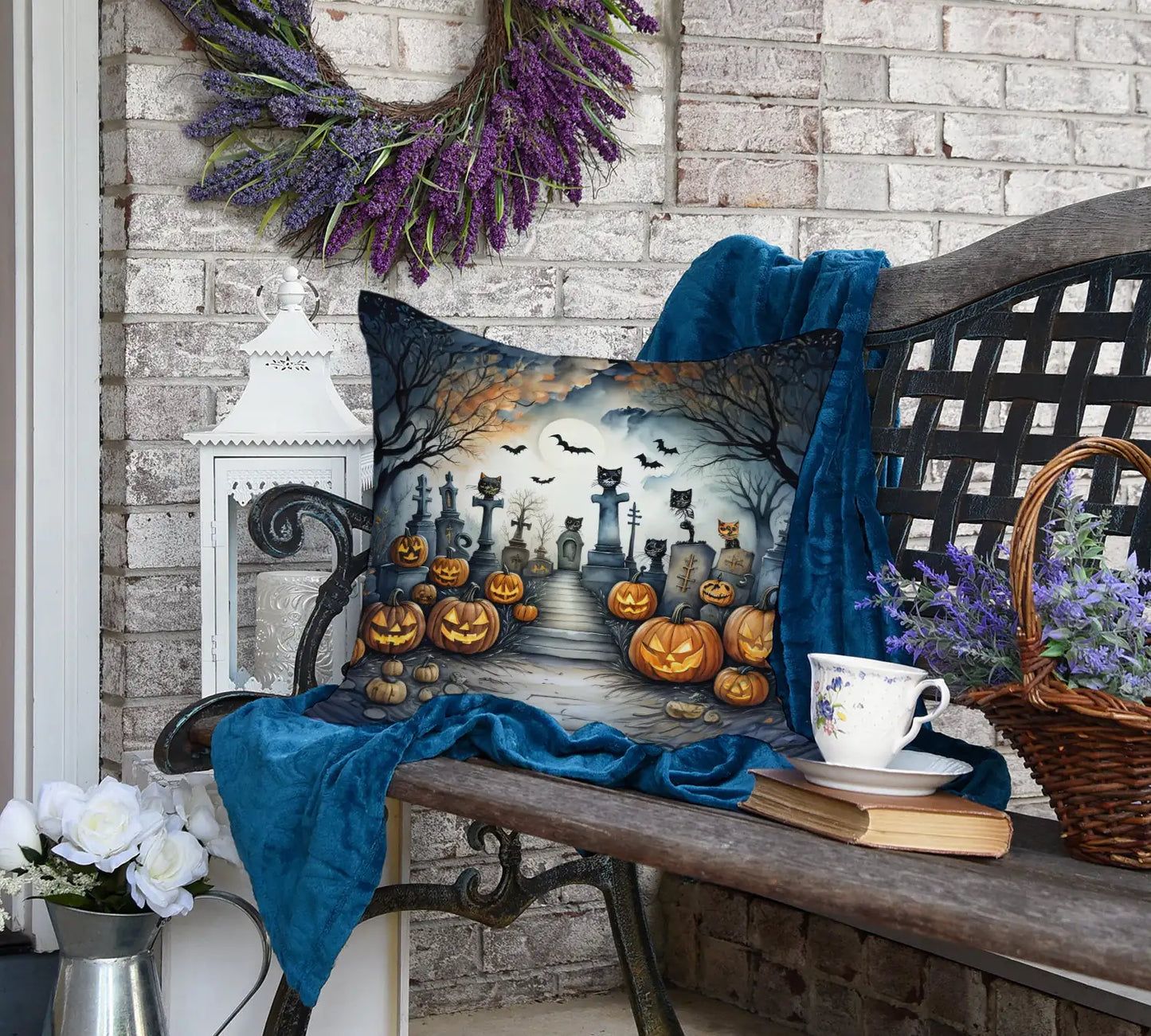 Cat Cemetery Spooky Halloween 18x18in Throw Pillow