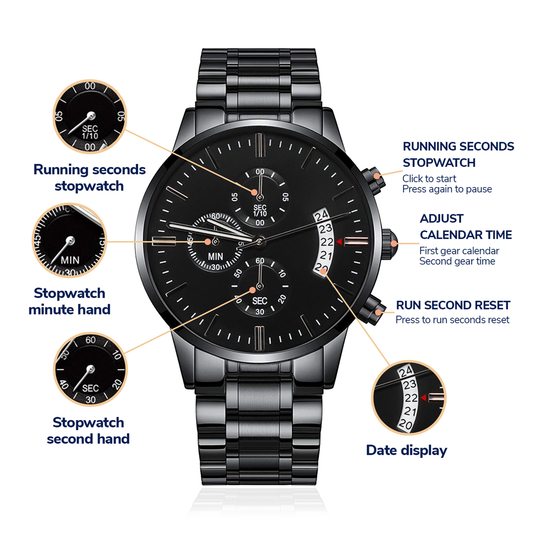 Customizable Engraved Black Chronograph Watch for Dad, Boyfriend, Son, Husband
