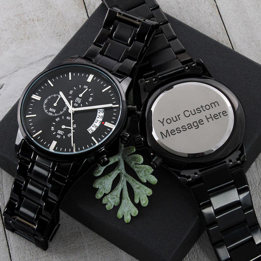 Customizable Engraved Black Chronograph Watch for Dad, Boyfriend, Son, Husband